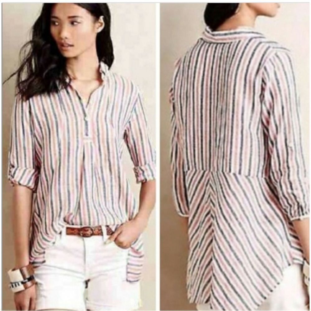 Anthropologie Isabella Sinclair Sz XS Women's Striped Linen Popover Pink Blue